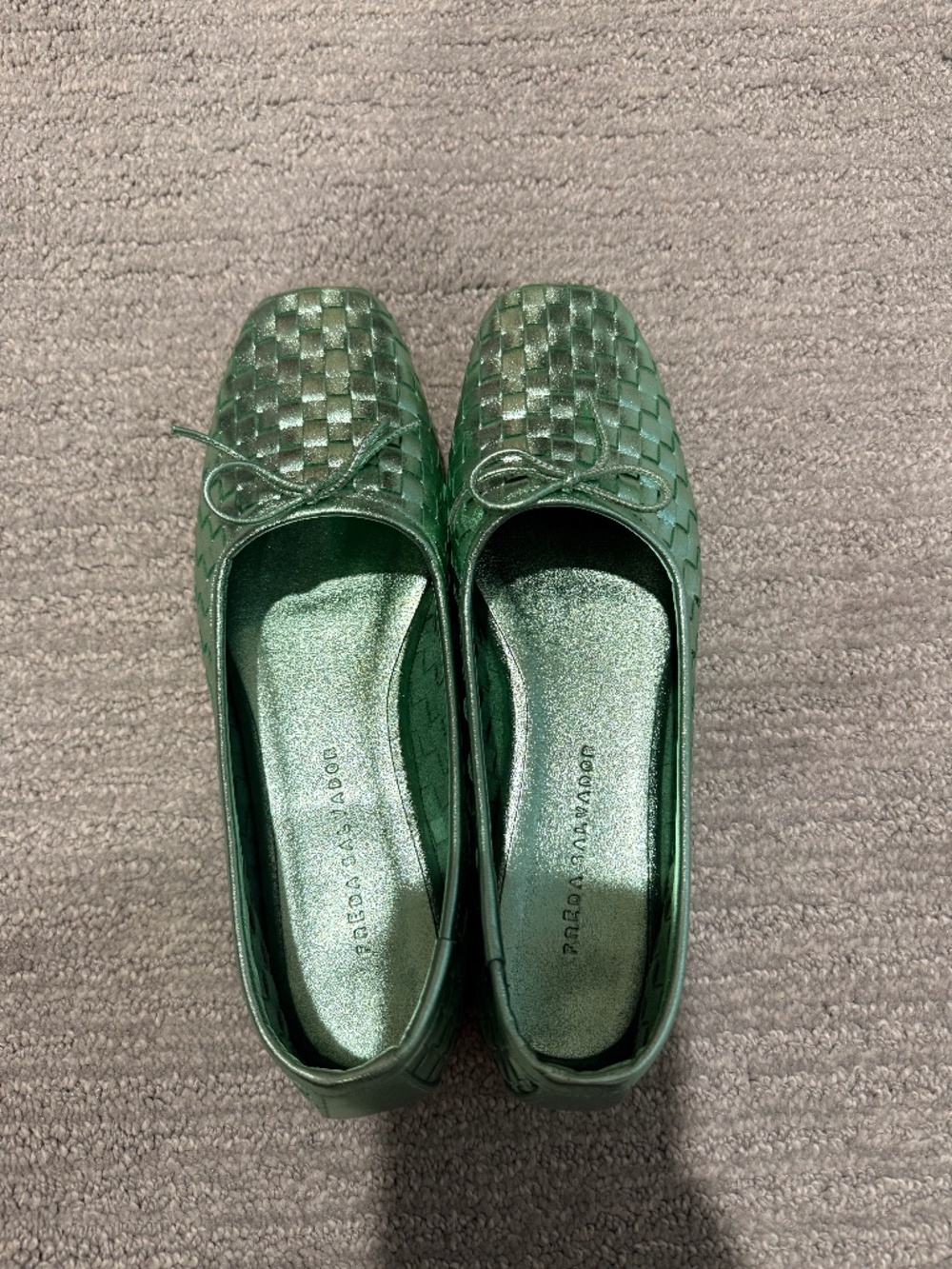 Frēda Salvador Jada Square Toe Mint Metallic Leather Woven Flats (Women's 7.5)